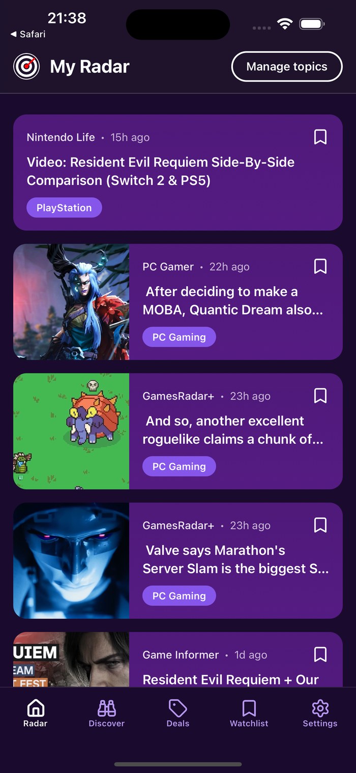 Gaming Radar, My Radar feed